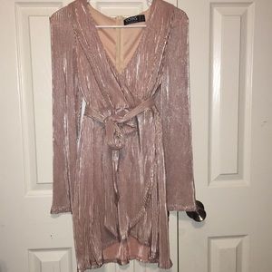 Long sleeve, V-neck, light pink metallic dress